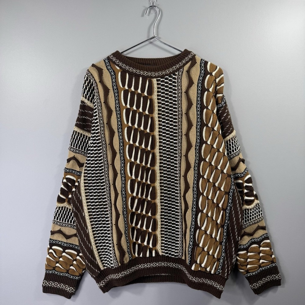 Vintage Alan Stuart Sweater Mens XL Brown Coogi Style 3D Knit Crewneck Pullover